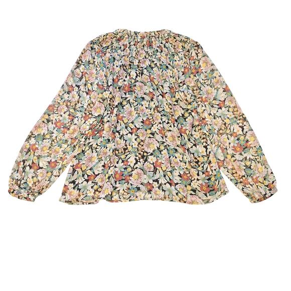 LOFT Blouse Womens Small Dark Floral Long Sleeve Smocked Lightweight Chiffon Top - Picture 2 of 10